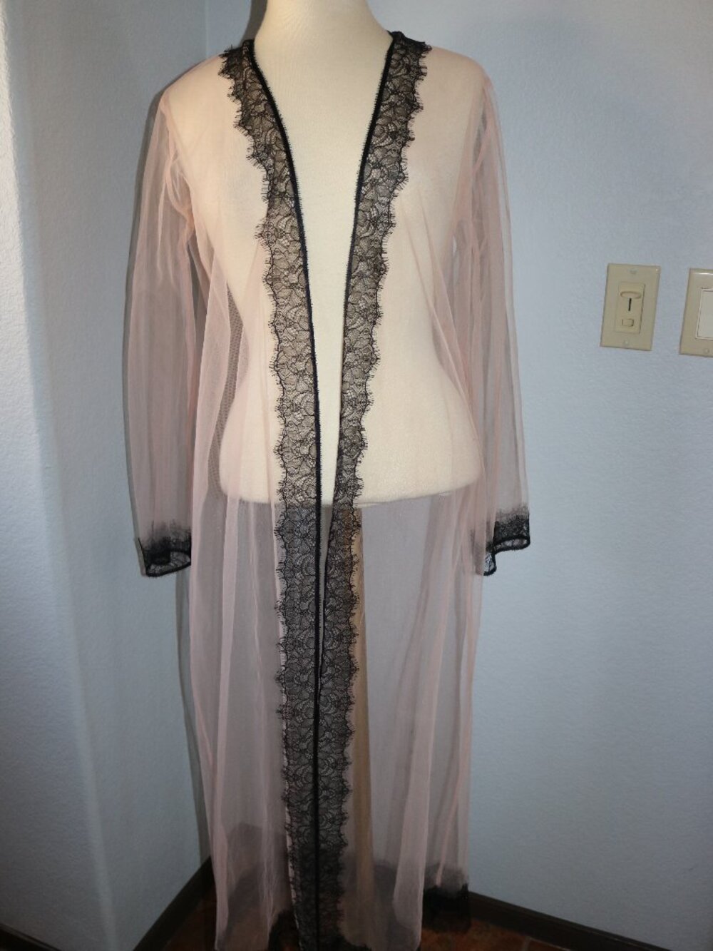 Victoria's Secret Sheer Pink Mesh Long Robe Black Lace Trim Kimono